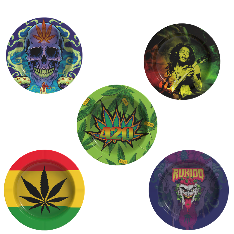 Round Metal Ashtray – Mixed Designs- Rasta, Skull, Marijuana Leaf and more…