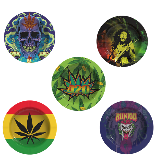 Round Metal Ashtray – Mixed Designs- Rasta, Skull, Marijuana Leaf and more…